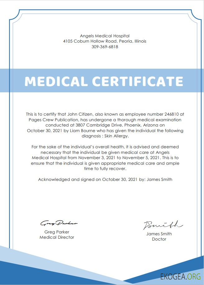 Certificat médical d'un hôpital américain